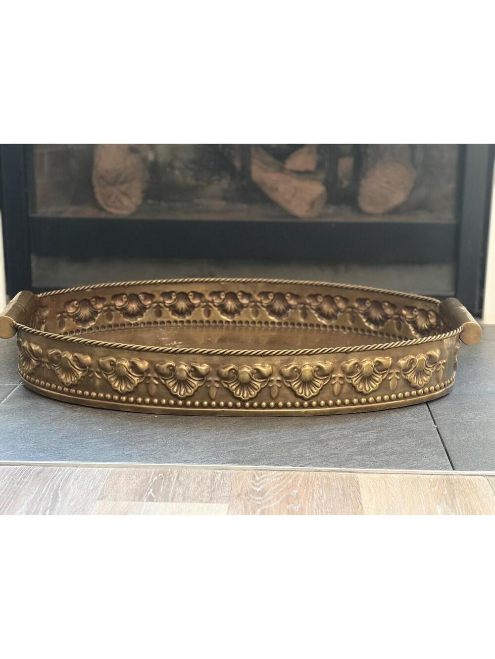 Castilian Imports Vintage Large Solid Brass Heavy Decorated Tray 27.5”X 16” X 5”